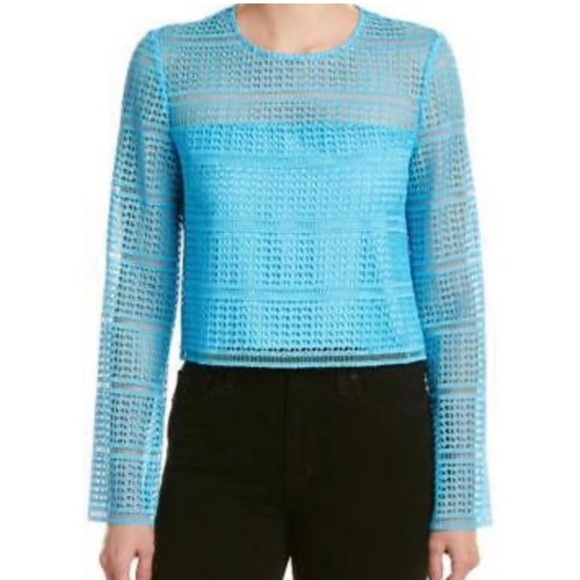 Diane Von Furstenberg lace long sleeve Women's crop top size 4 lined in blue - Picture 1 of 14